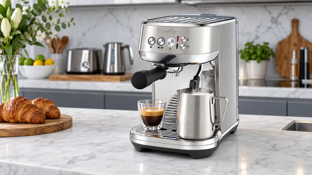 Breville Bambino Plus steaming milk in the included 16 fl oz stainless jug, with a latte cup waiting on the drip tray