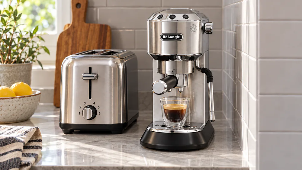 Slim stainless De'Longhi Dedica Arte squeezed between a toaster and a kitchen wall with a cup under the spout