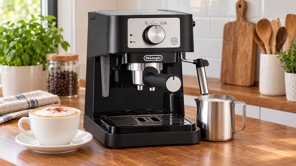 De'Longhi Stilosa with a freshly poured cappuccino and the manual steam wand angled over a milk jug