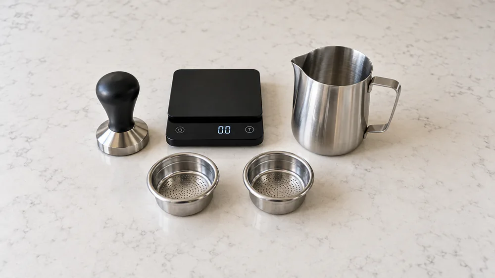 Espresso accessories laid out on a counter: a tamper, a small scale, replacement baskets and a milk jug