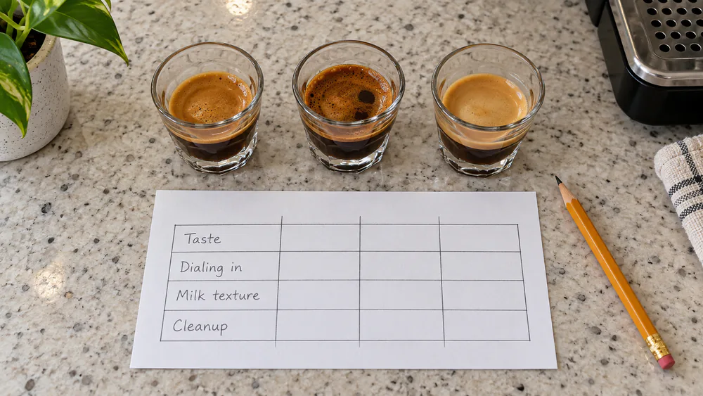 Three espresso shots in clear glasses beside a handwritten scorecard listing taste, dialing in, milk texture and cleanup
