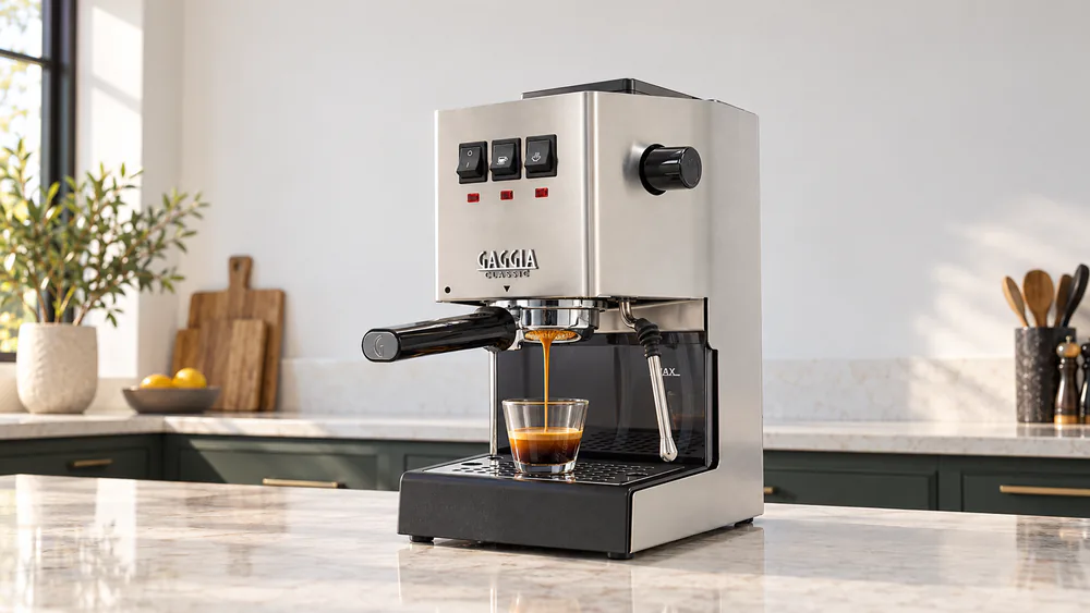 Gaggia Classic Pro E24 with a bottomless 58mm portafilter pulling an espresso shot into a glass cup