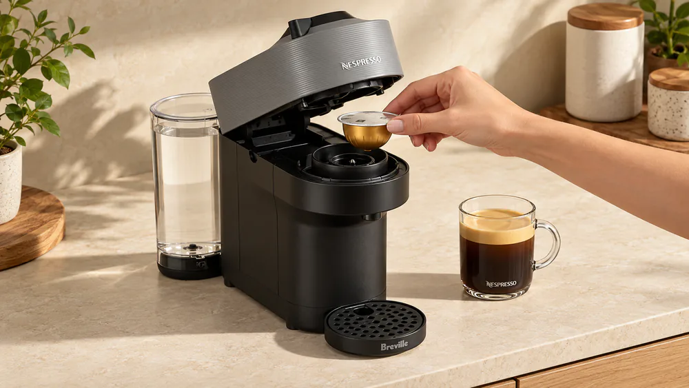 Nespresso Vertuo Pop+ with a capsule being loaded beside a finished cup of coffee on a bright kitchen counter