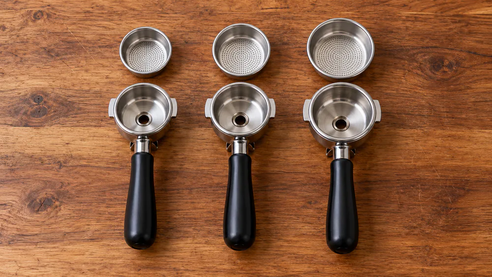 Three portafilters of 51mm, 54mm and 58mm laid side by side on a wooden board with matching baskets