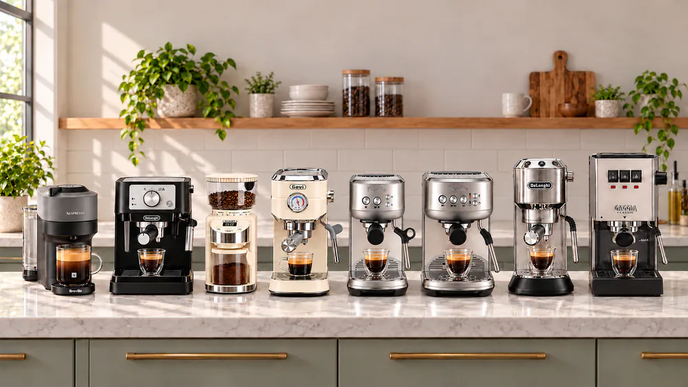 Seven budget espresso machines lined up on a long kitchen counter from smallest to largest