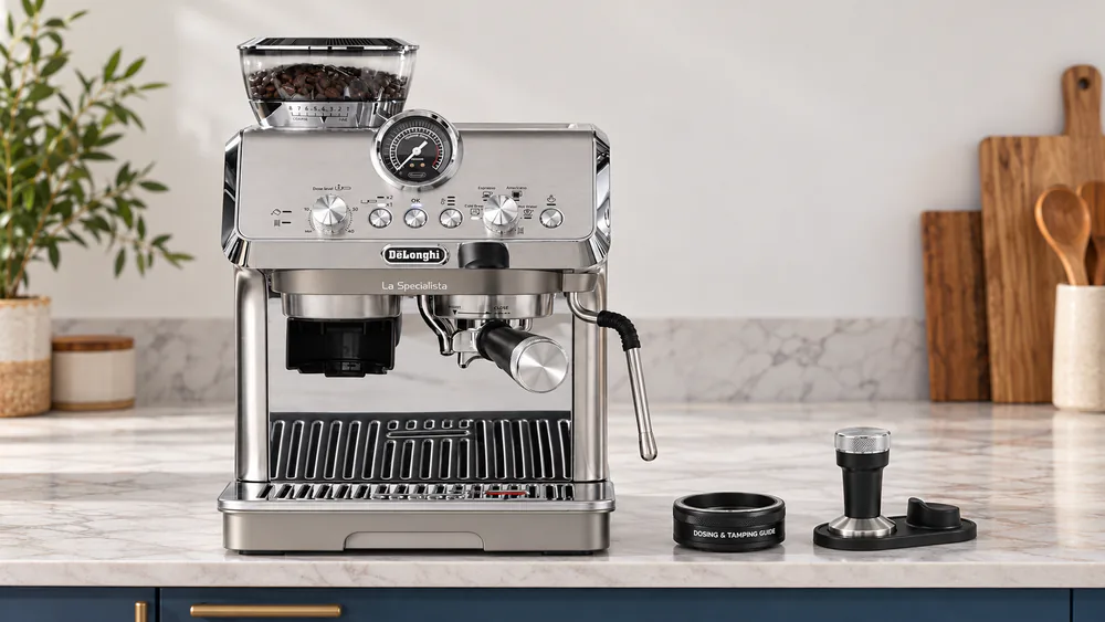 De'Longhi La Specialista Arte Evo with its front dials and barista kit tamping mat laid out on a kitchen counter