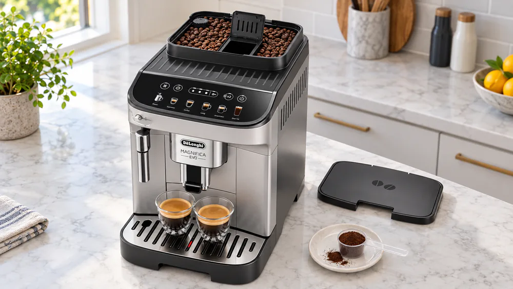 De'Longhi Magnifica Evo with the bypass chute open and a scoop of pre-ground decaf beside the machine on a compact counter