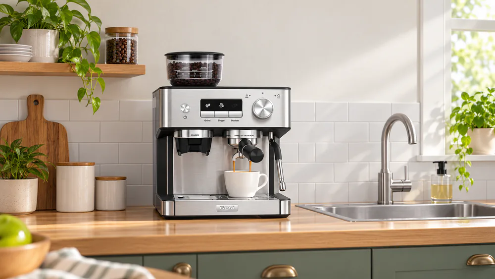 Gevi 20 Bar steel espresso machine with built-in grinder sitting compactly on a small apartment counter beside a sink