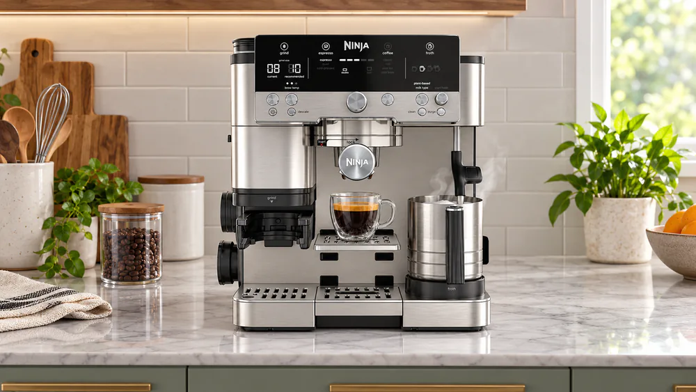 Ninja Luxe Cafe Premier ES601 hands-free frother steaming milk into its pitcher beside a freshly brewed espresso