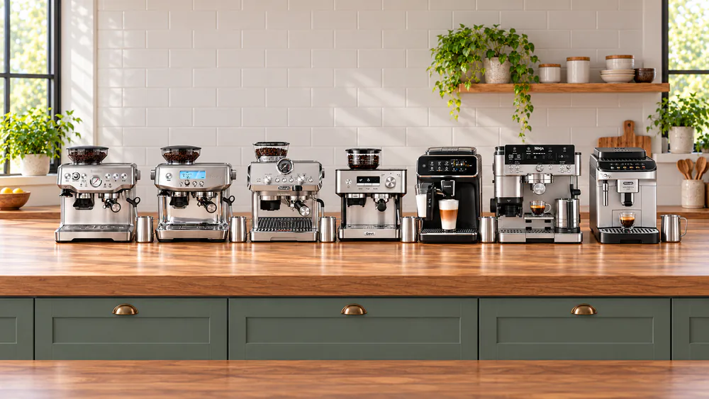 Seven espresso machines with built-in grinders lined up on a kitchen counter, each with a portafilter or brew unit and a milk pitcher beside it