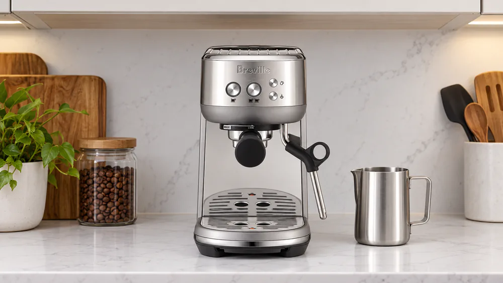 Breville Bambino compact espresso machine tucked under a wall cabinet on a narrow kitchen counter beside a milk pitcher