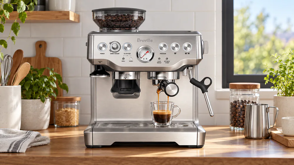 Breville Barista Express with its built-in conical burr grinder and portafilter locked in, pulling a double shot into a glass cup