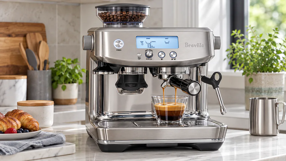 Breville Barista Pro with its LCD interface lit, grinder hopper full of beans, and a double shot dripping into a cup