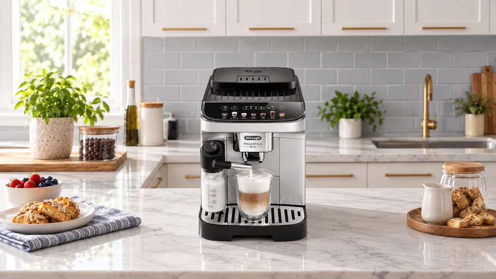De'Longhi Magnifica Evo super-automatic machine dispensing a latte from its LatteCrema milk system into a tall glass