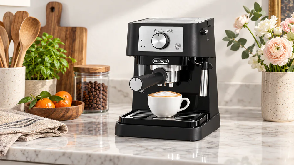 De'Longhi Stilosa compact black and stainless espresso machine on a kitchen counter with a cappuccino cup on its two-level cup holder