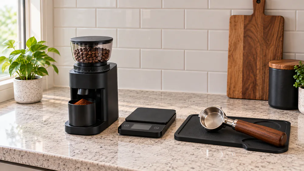 Espresso grinder, small scale, and a bottomless portafilter side by side on a kitchen counter before a shot is pulled