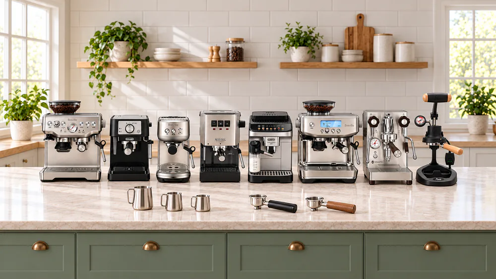 Eight home espresso machines, from a compact Breville to a Lelit heat exchanger, lined up on a long kitchen counter with portafilters and milk jugs beside them