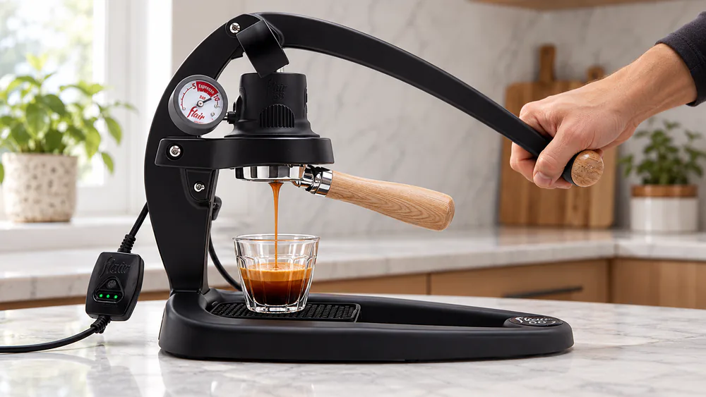 Flair 58 manual lever espresso maker with its die-cast aluminum frame, a hand on the lever, and espresso flowing into a small cup