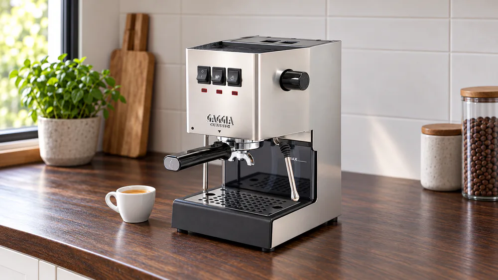 Gaggia Classic Evo Pro stainless steel espresso machine with a 58mm portafilter and a commercial-style steam wand on a kitchen counter