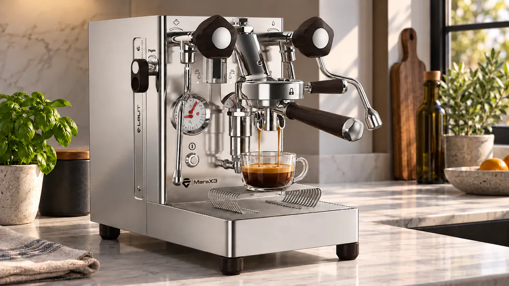 Lelit MaraX stainless steel heat-exchanger espresso machine with an E61-style group head and a 58mm portafilter pulling a shot
