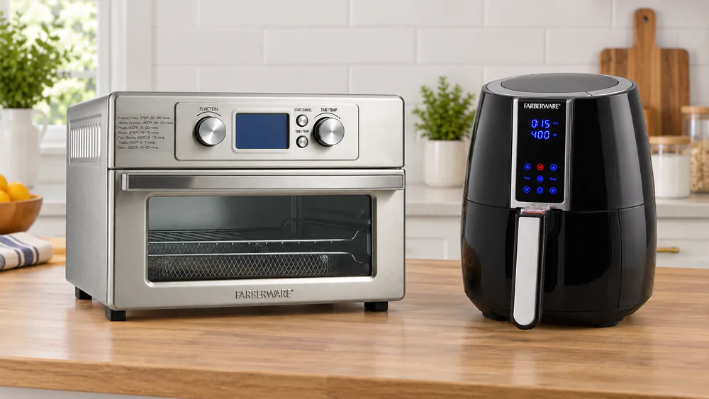 A compact Farberware 3.2 qt basket air fryer sitting next to a Farberware toaster oven on a kitchen counter, showing the difference in footprint