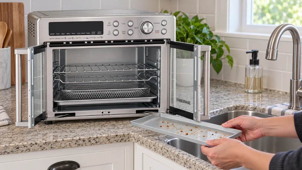 A hand sliding the removable crumb tray out of a Farberware toaster oven over a kitchen sink to empty toast crumbs