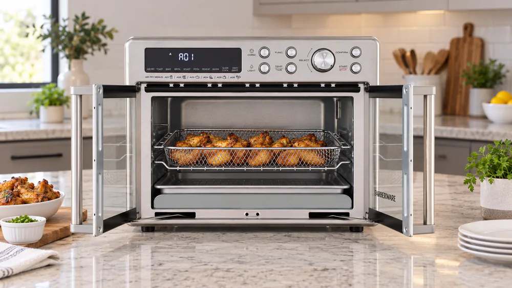 A Farberware 25L French door toaster oven on a kitchen counter with both doors open and an air fry basket of chicken wings inside