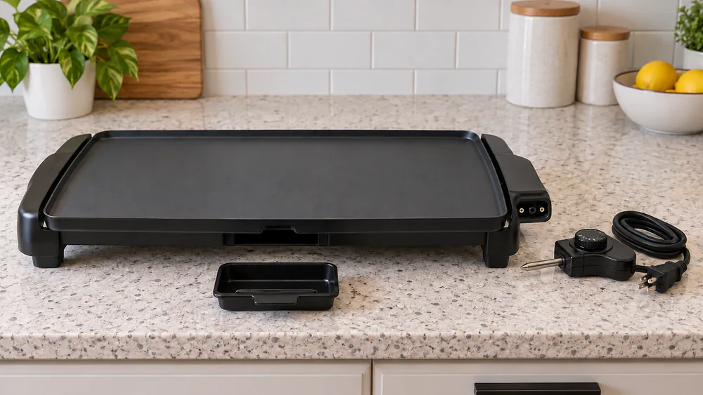 An electric griddle with its temperature probe and removable drip tray laid out beside it on a kitchen counter