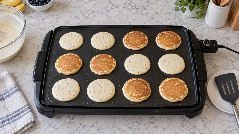 Rows of pancake batter poured across a large nonstick electric griddle on a family kitchen counter, showing even browning from edge to edge