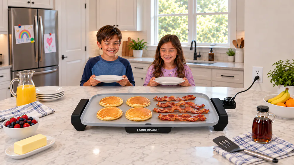 A Farberware 20-inch electric griddle on a kitchen island holding bacon and pancakes while two kids wait with plates