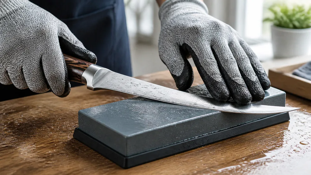 A close-up of a fillet knife blade being sharpened on a whetstone, water beading on the high-carbon stainless steel edge.