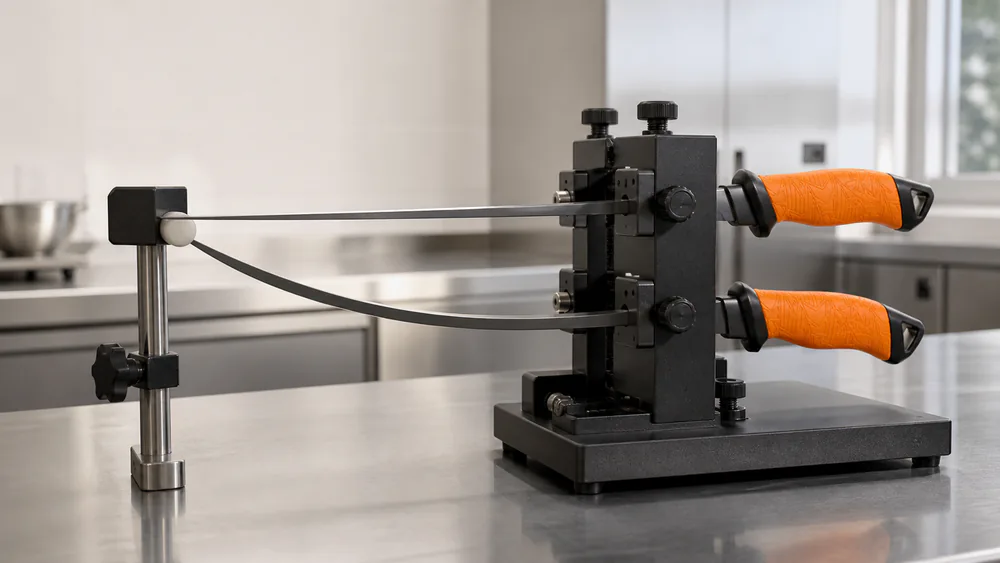 Two fillet knives held side by side showing blade flex: a thin flexible blade bending to touch the handle and a stiffer blade holding its line.