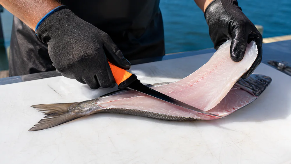 A hand running a flexible fillet knife along the backbone of a fresh fish on a cutting board at an outdoor cleaning table, a fillet lifting cleanly away from the bones.