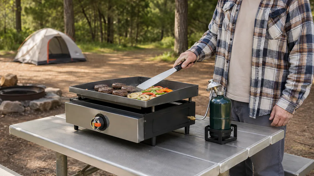 A Blackstone 2142 Original 17 tabletop griddle cooking on a folding camp table beside a tent, connected to a 1-lb propane cylinder.