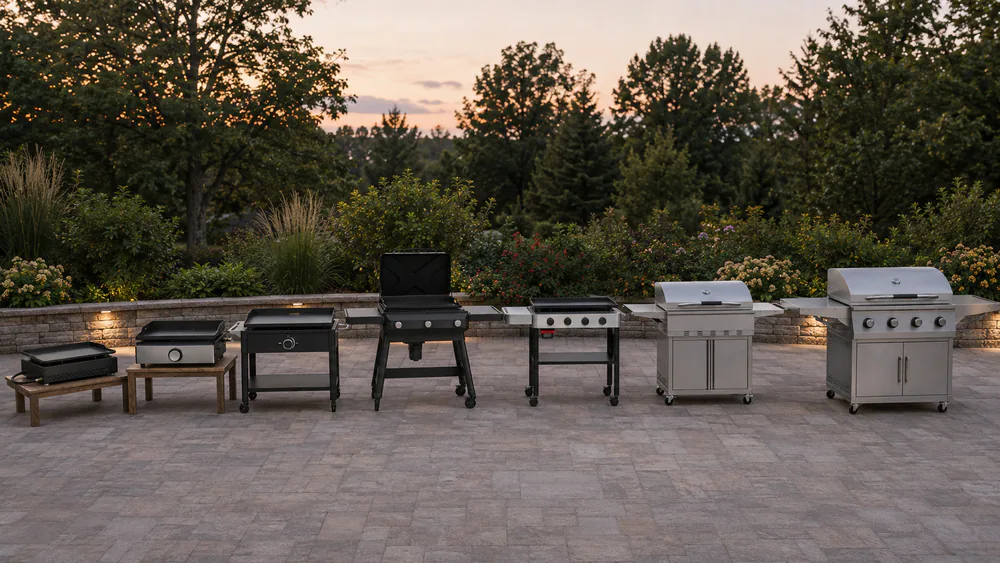 Seven flat top grills and griddles lined up on a test patio at dusk, from a 17-inch tabletop to a 36-inch cart model.