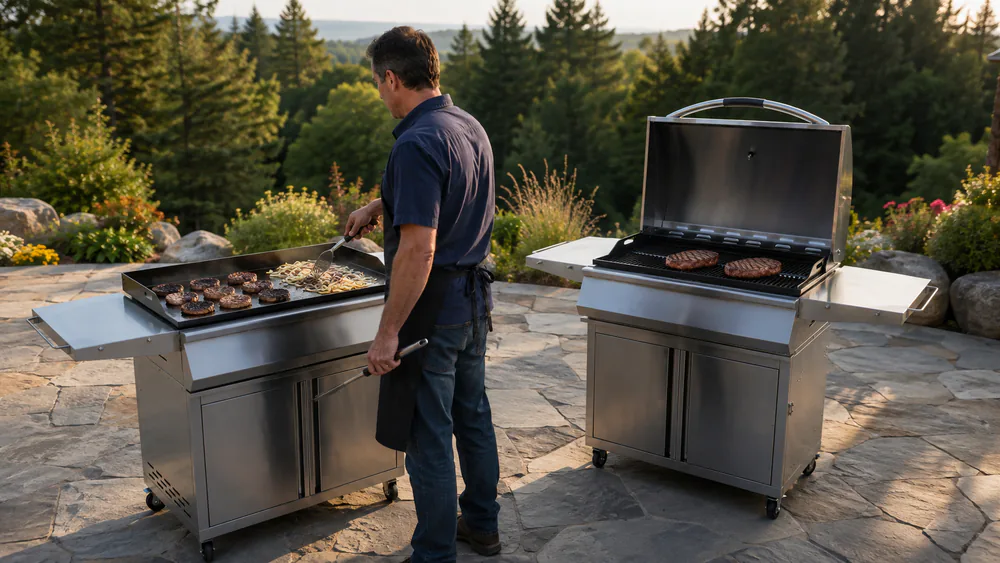 A flat top grill with smash burgers next to a grate grill with strip steaks, showing the two cooking surfaces side by side on a patio.
