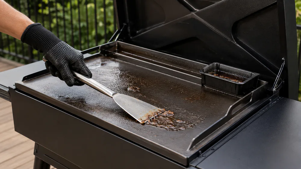 A griddle scraper pushing residue toward a rear grease management trough and removable cup on a flat top grill.