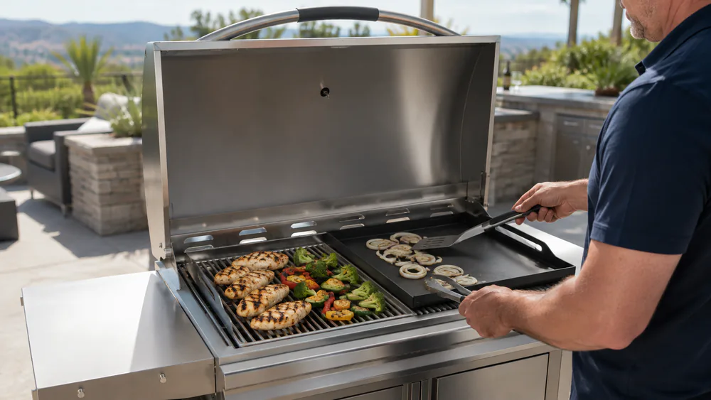A Grilla Grills Primate combo with stainless grill grates on one half and the drop-in griddle top on the other, both in use.