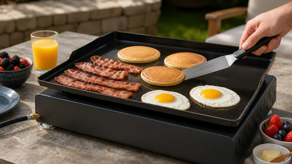 A Royal Gourmet PD1301S tabletop griddle cooking bacon, pancakes, and fried eggs on three burners, set on a patio table.