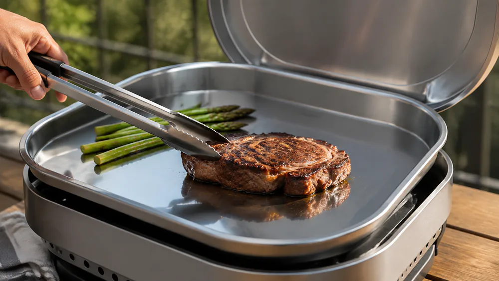 A seared steak on a Solo Stove Steelfire 22 stainless steel griddle, with a clean mirror-like cooktop around it.
