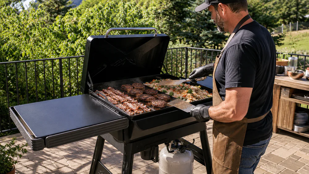 A Traeger Flatrock 3-Zone 33 flat top grill cooking bacon, burgers, and fried rice in its three separate heat zones on a backyard patio.