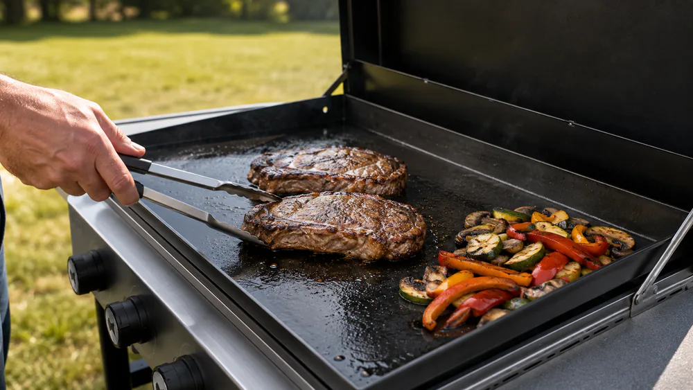 A Weber Slate 36 flat top grill with its hinged lid open, searing steaks on the pre-seasoned rust-resistant cooktop.