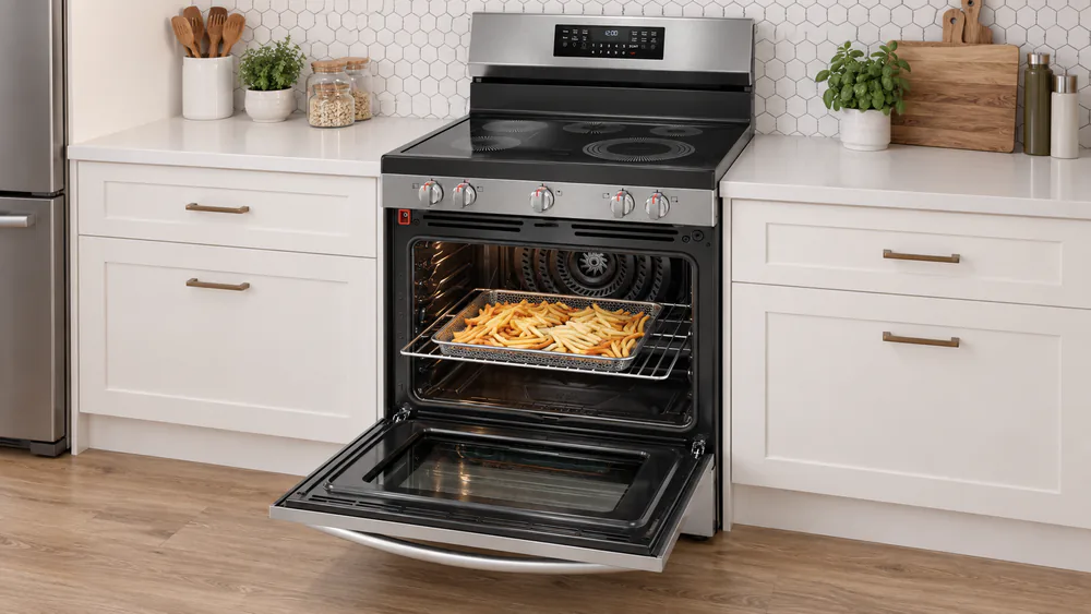 A Frigidaire range oven with a perforated Air Fry tray of frozen fries pulled halfway out on the rack, golden on the edges and paler in the center
