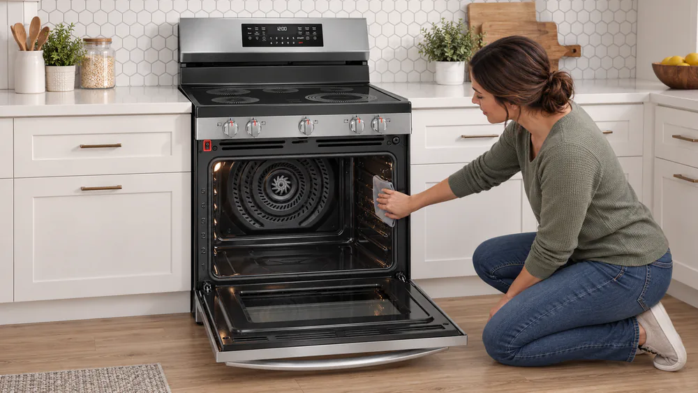 The inside of a Frigidaire range oven after air frying, a hand wiping grease splatter from the side wall with a damp cloth