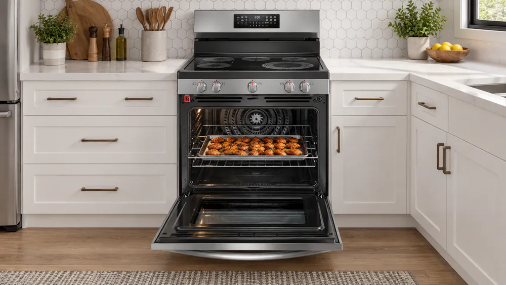 A 30-inch stainless Frigidaire Gallery range in a family kitchen with a sheet pan of wings on the open oven rack