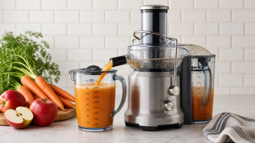 The Breville Juice Fountain Cold Plus pouring fresh juice into its 70-ounce jug with foam separator, carrots and apples on the counter beside it