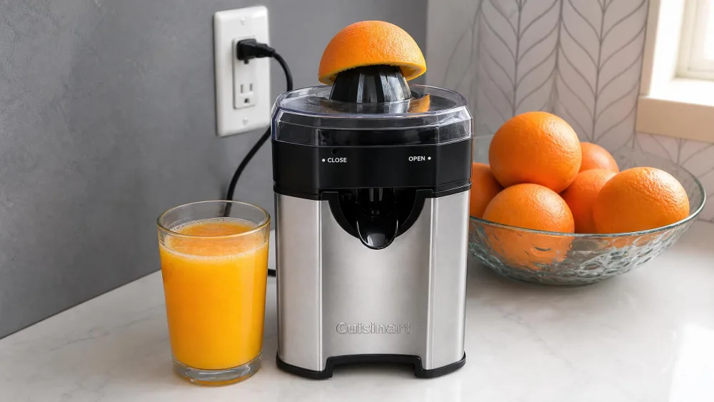 Half an orange pressed on the Cuisinart CCJ-500P1 citrus juicer reamer, pulp control dial visible, glass of fresh orange juice beside it