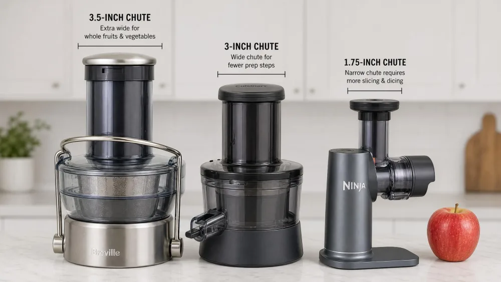 Three juicer feed chutes side by side showing size differences, a 3.5-inch chute, a 3-inch chute, and the Ninja's 1.75-inch chute, with a whole apple beside them