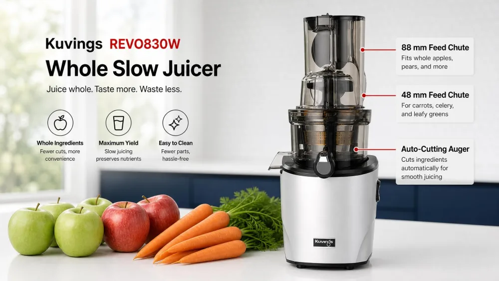 The Kuvings REVO830W whole slow juicer showing its dual 88 mm and 48 mm feed chutes and auto-cutting auger, whole apples and carrots lined up beside it