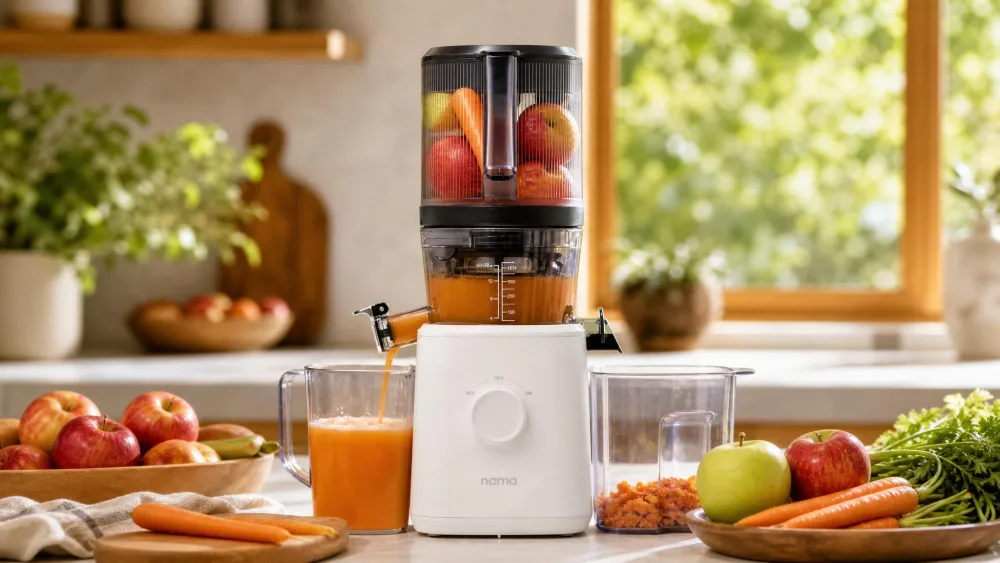 The Nama J2 cold press juicer with its 70-ounce self-feeding batch hopper loaded with whole apples and carrots, lid closed, pitcher of fresh juice filling below